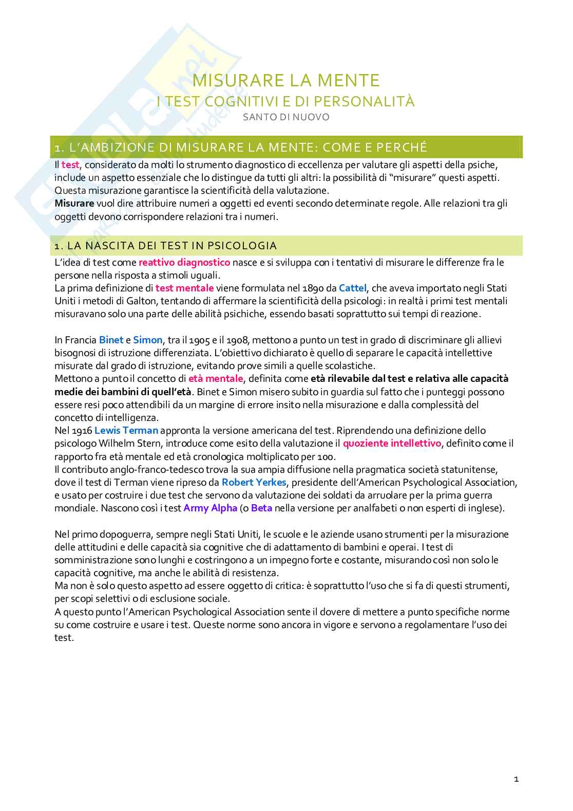 Riassunto esame Psicometria, Prof. Di Nuovo Santo, libro consigliato Misurare la mente, Di nuovo  Pag. 1