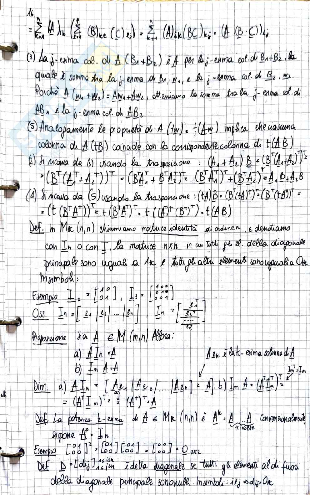 Geometria e algebra lineare: prodotto tra matrici, trasposizione e proprietà algebriche Pag. 1