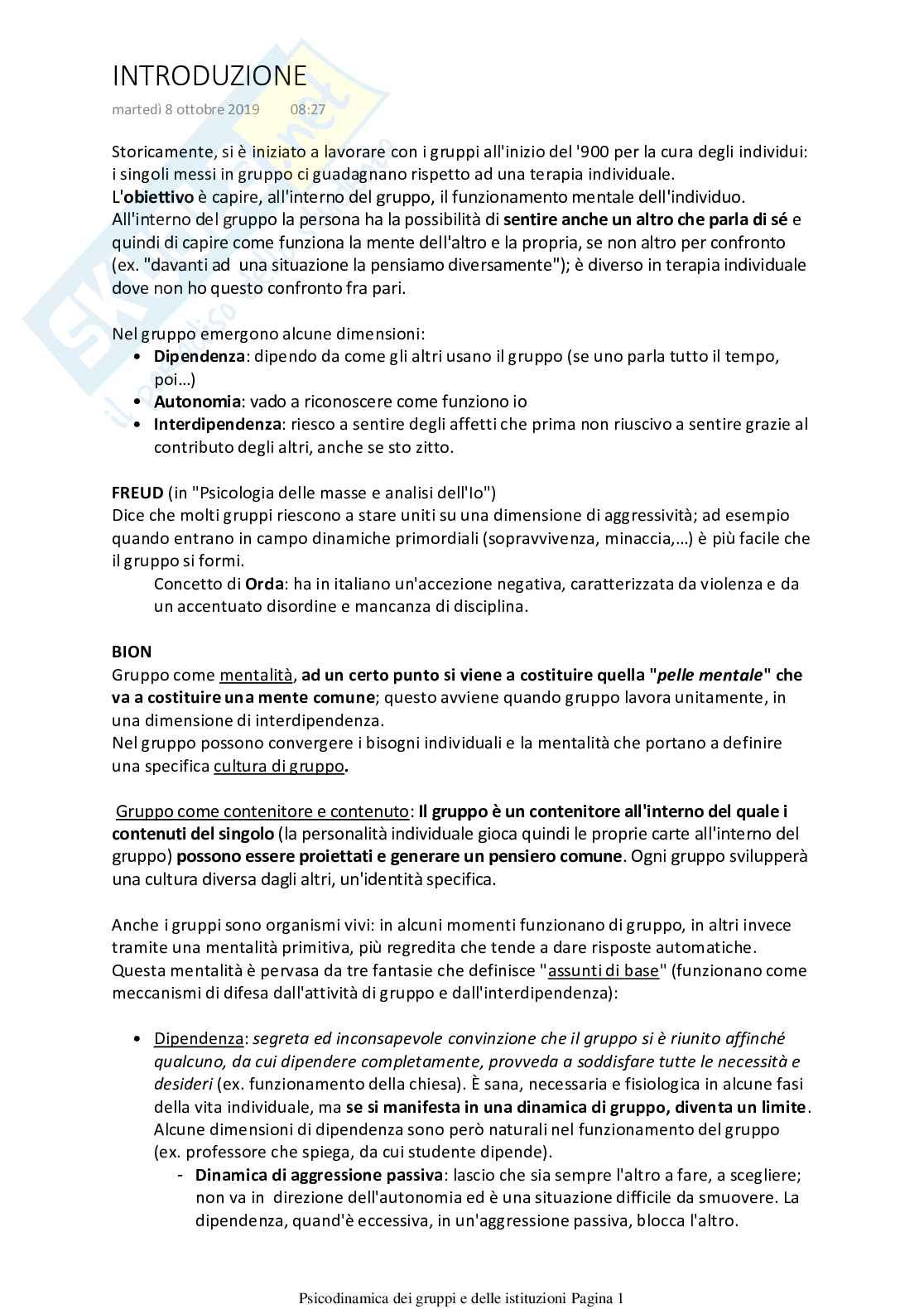 Psicodinamica dei gruppi e delle istituzioni - Cristina Marogna Pag. 1