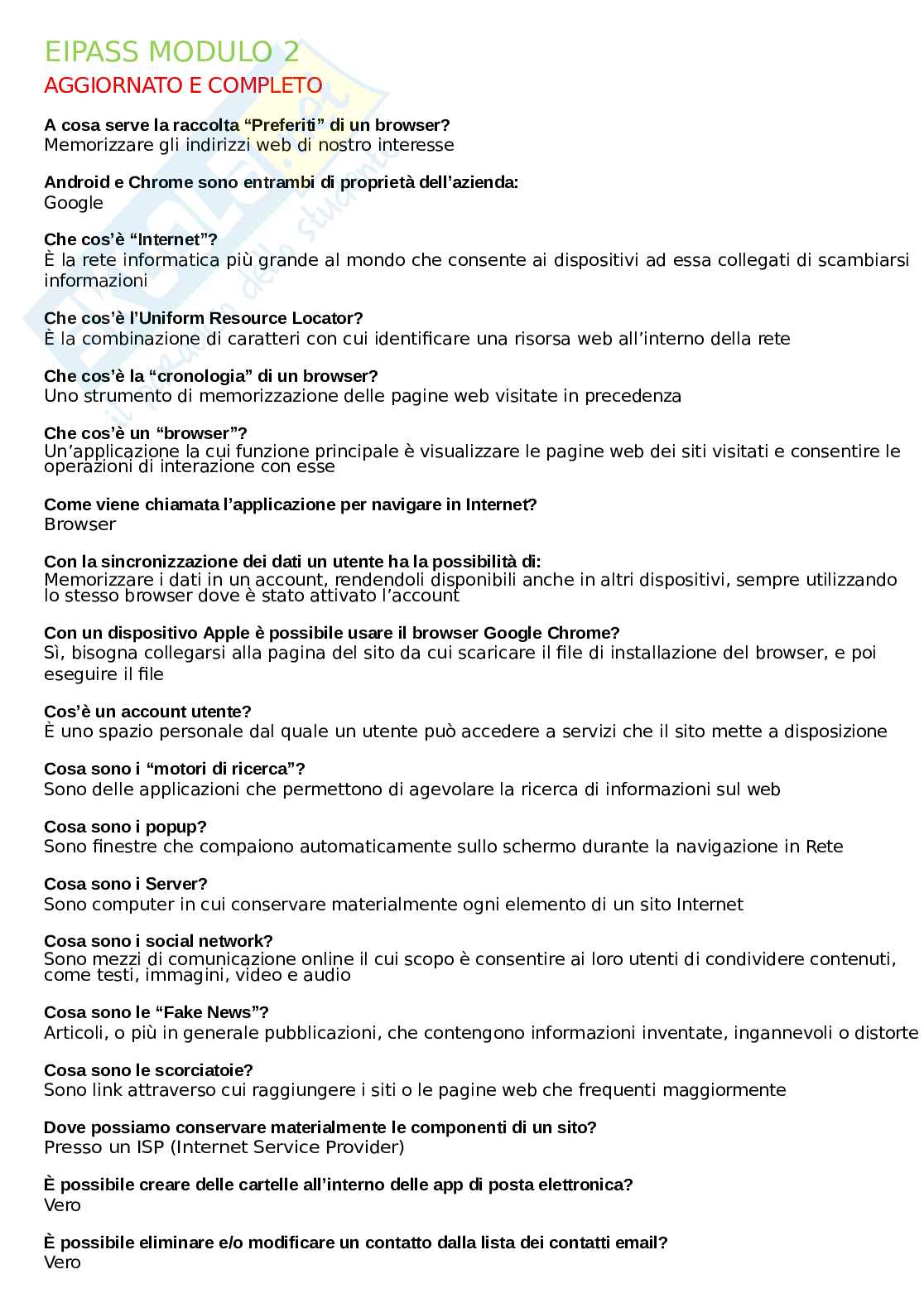 Eipass Modulo 2: Funzioni e Nozioni di Internet e Browser (Navigare e cercare informazioni sul Web) + domande inedite Pag. 1