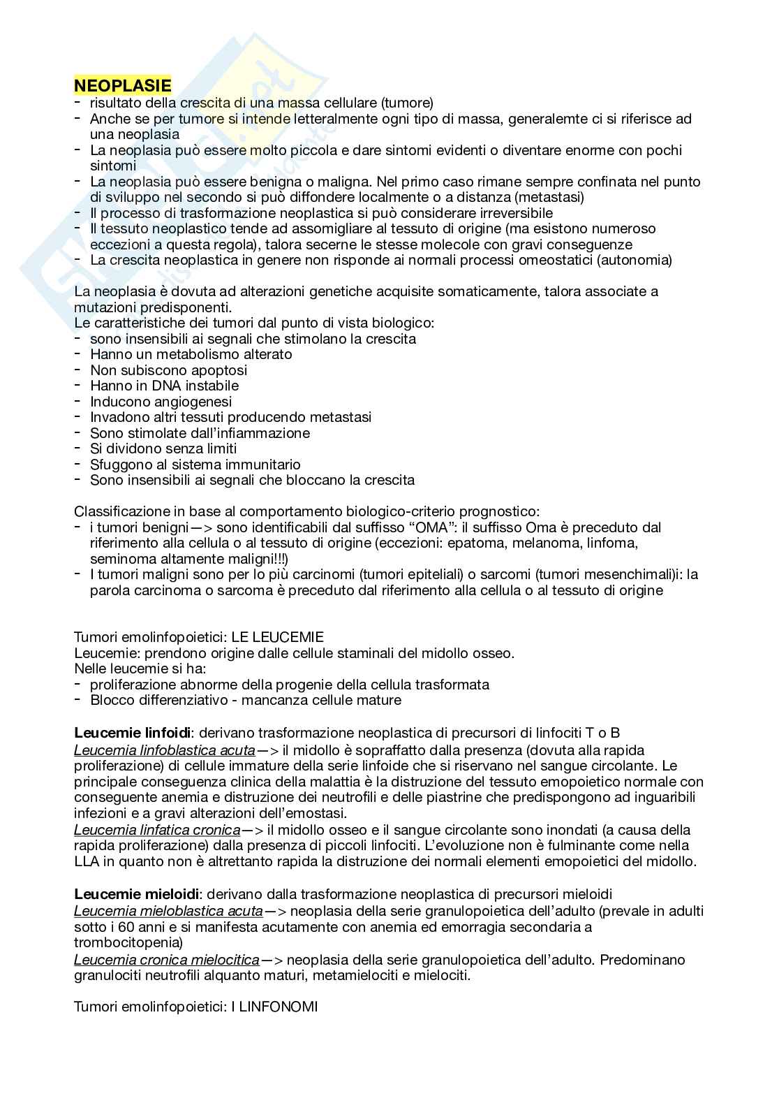 Neoplasie, leucemie, causa dei tumori Pag. 1