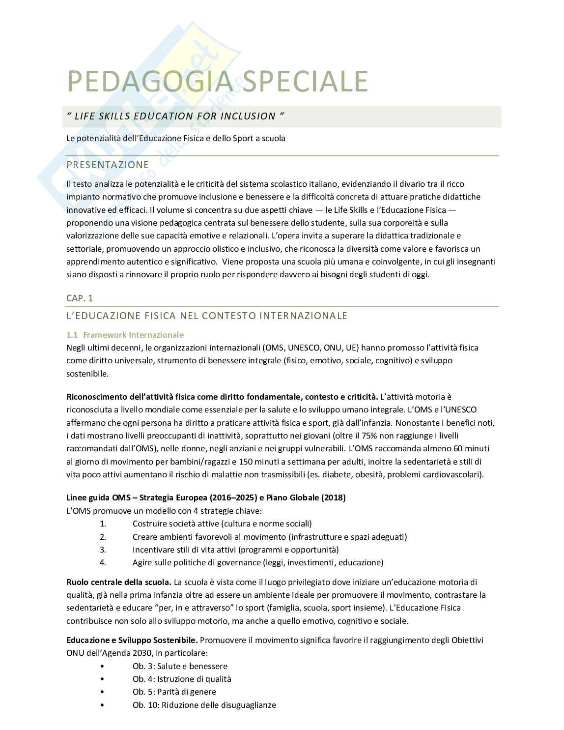 Riassunto esame Didattica e pedagogia speciale, Prof. Bellantonio Sergio, libro consigliato Life skill education for inclusion, D'anna Pag. 1