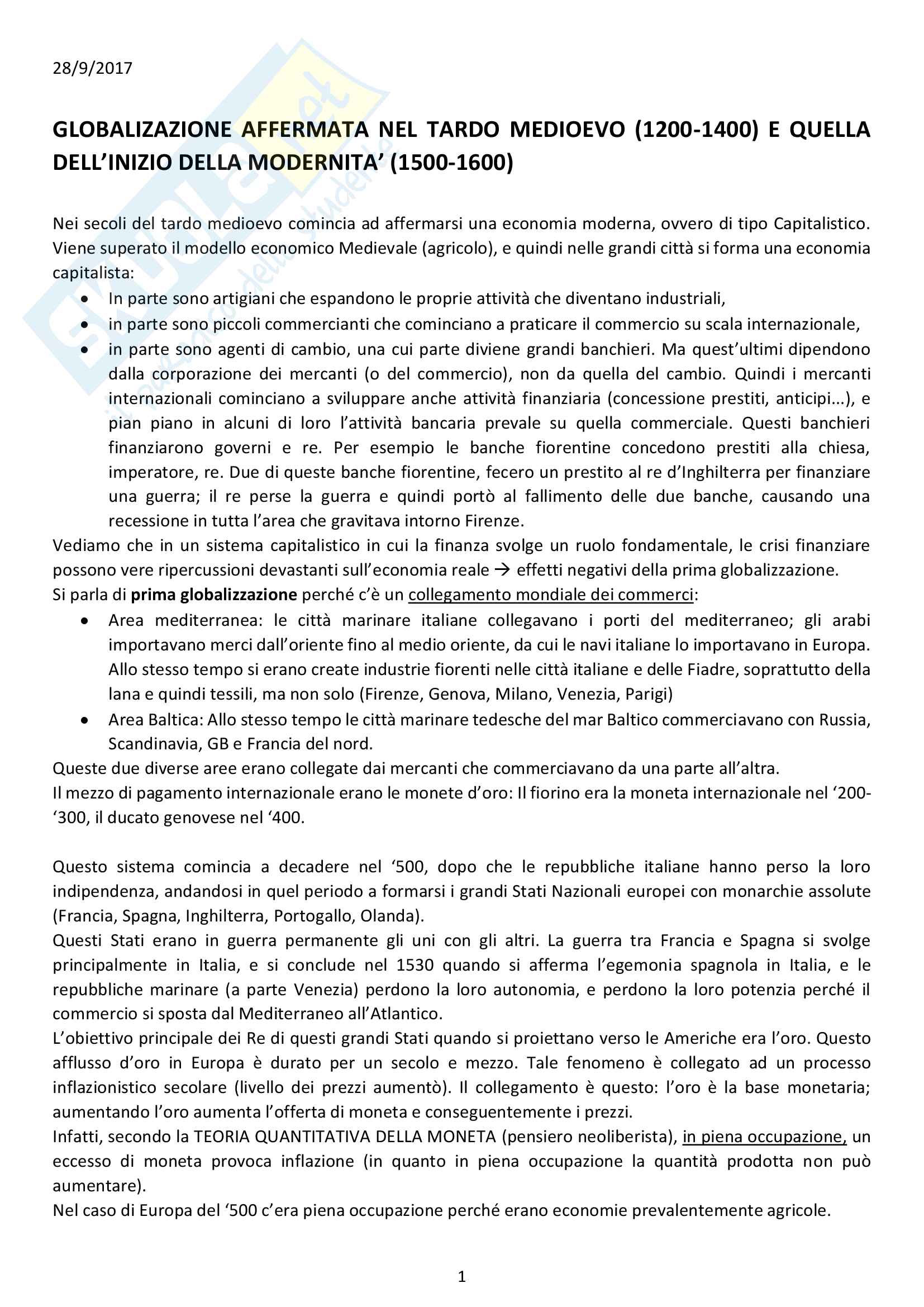 Economia della globalizzazione - Appunti completi lezioni - voto 30L/30 Pag. 1