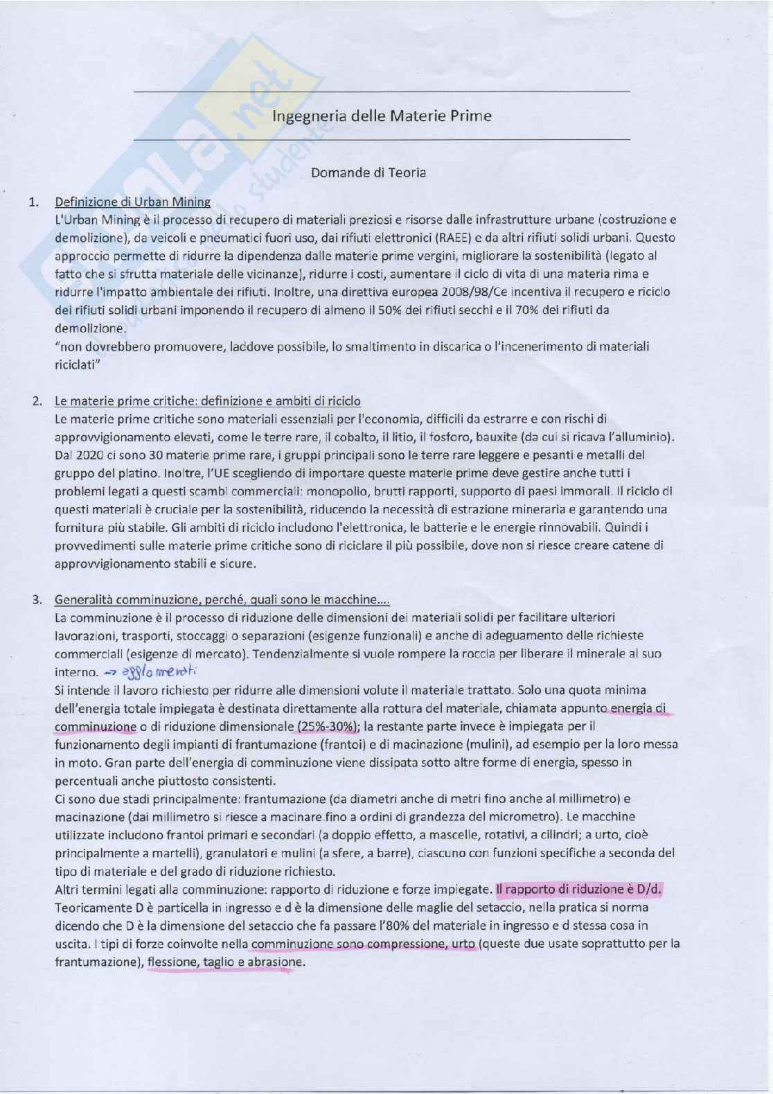 Risposte alle domande d'esame di Ingegneria delle materie prime t Pag. 1