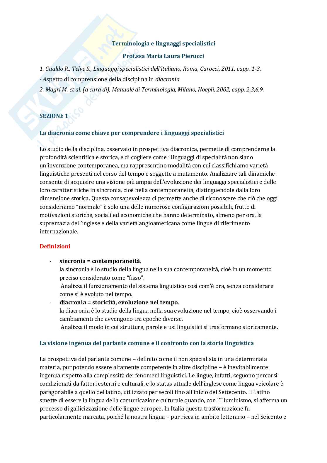 Terminologia e linguaggi specialistici Pag. 1