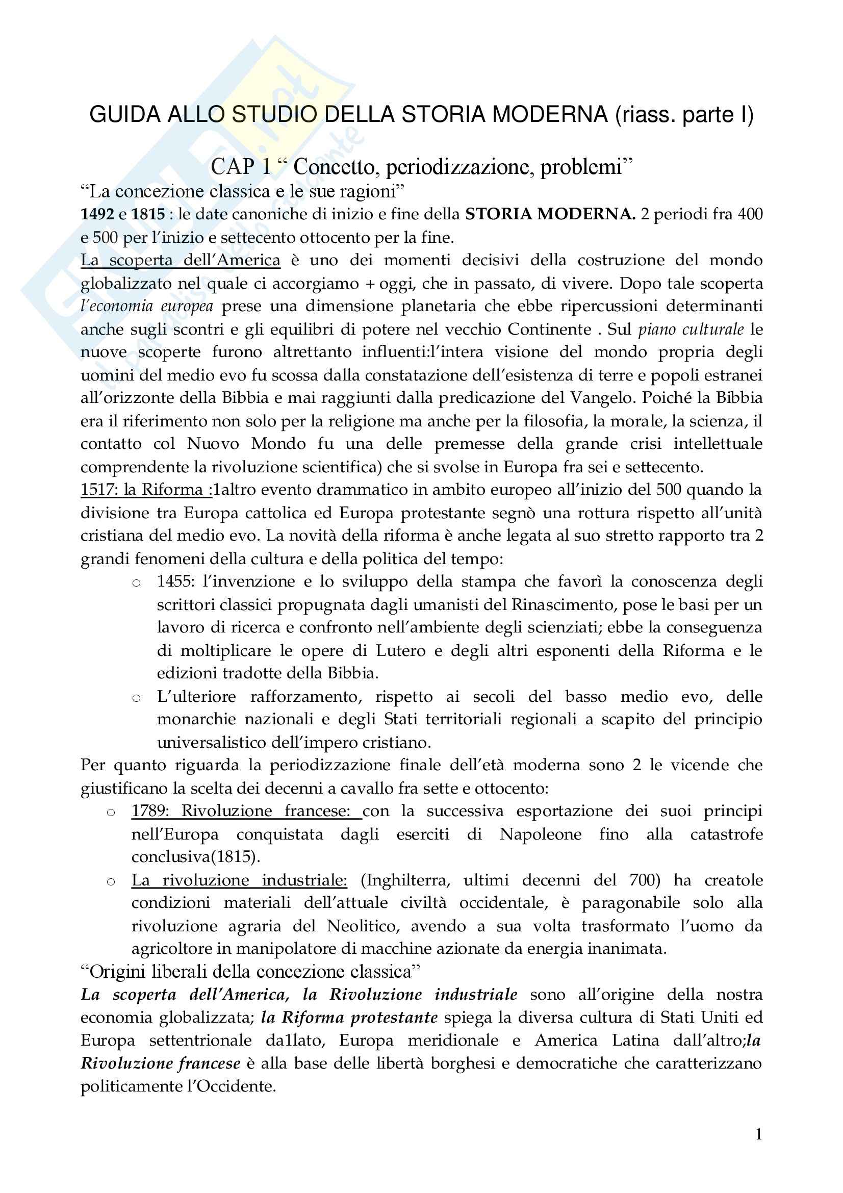 Storia moderna – Guida allo studio Pag. 1