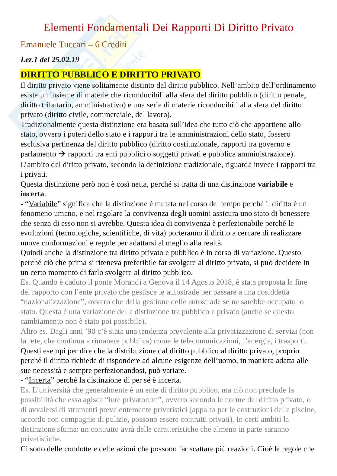Appunti lezioni, Elementi fondamentali dei rapporti di diritto privato, prof. Tuccari Emanuele Pag. 1