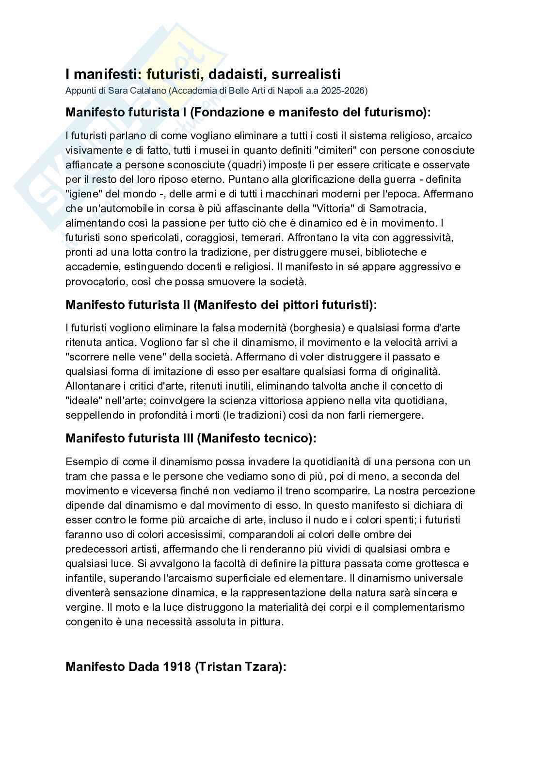 Manifesti futuristi, dadaisti, surrealisti e analisi dell'opera di Magritte Pag. 1