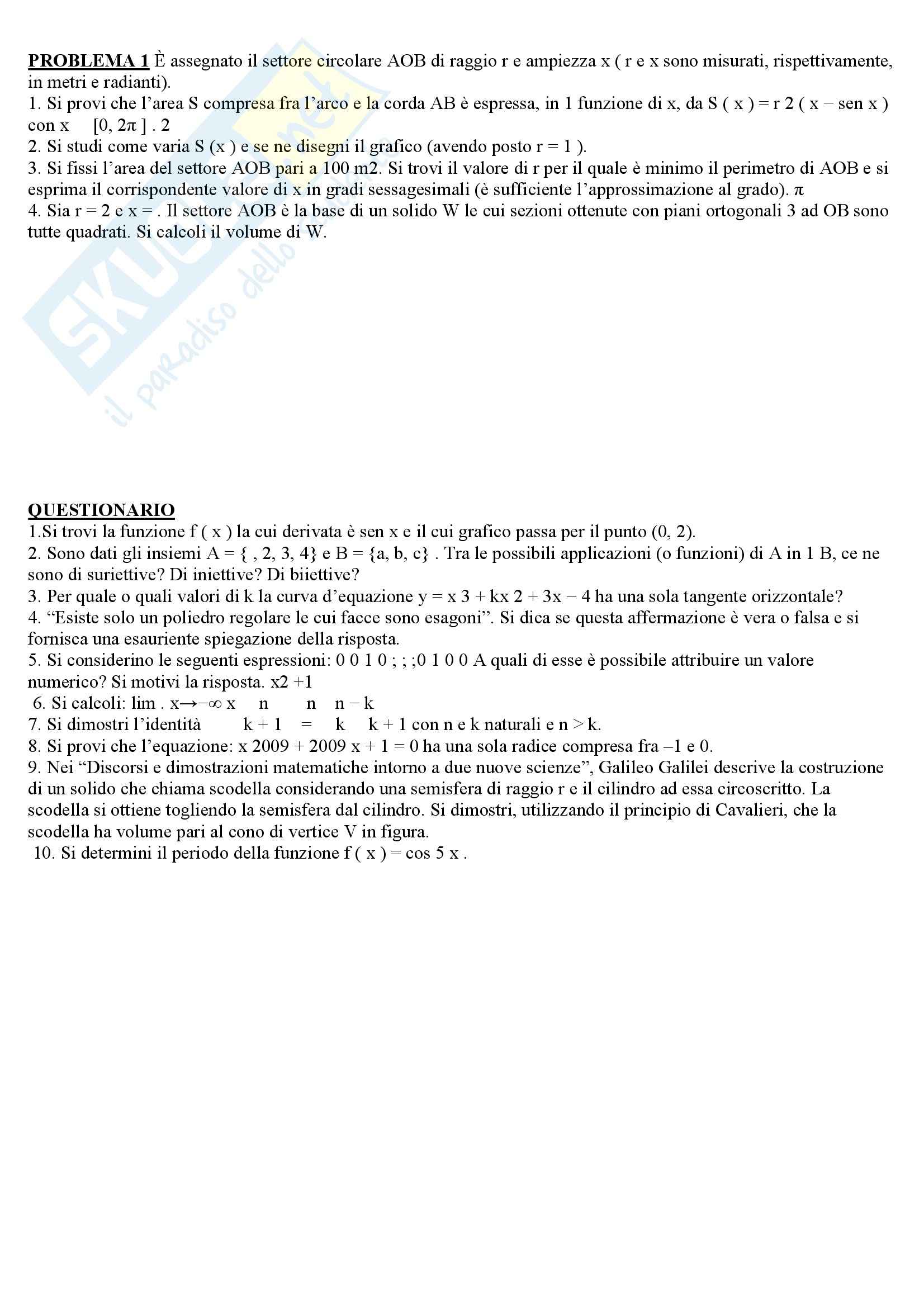 Matematica - esami di stato 2008/2009 Pag. 1