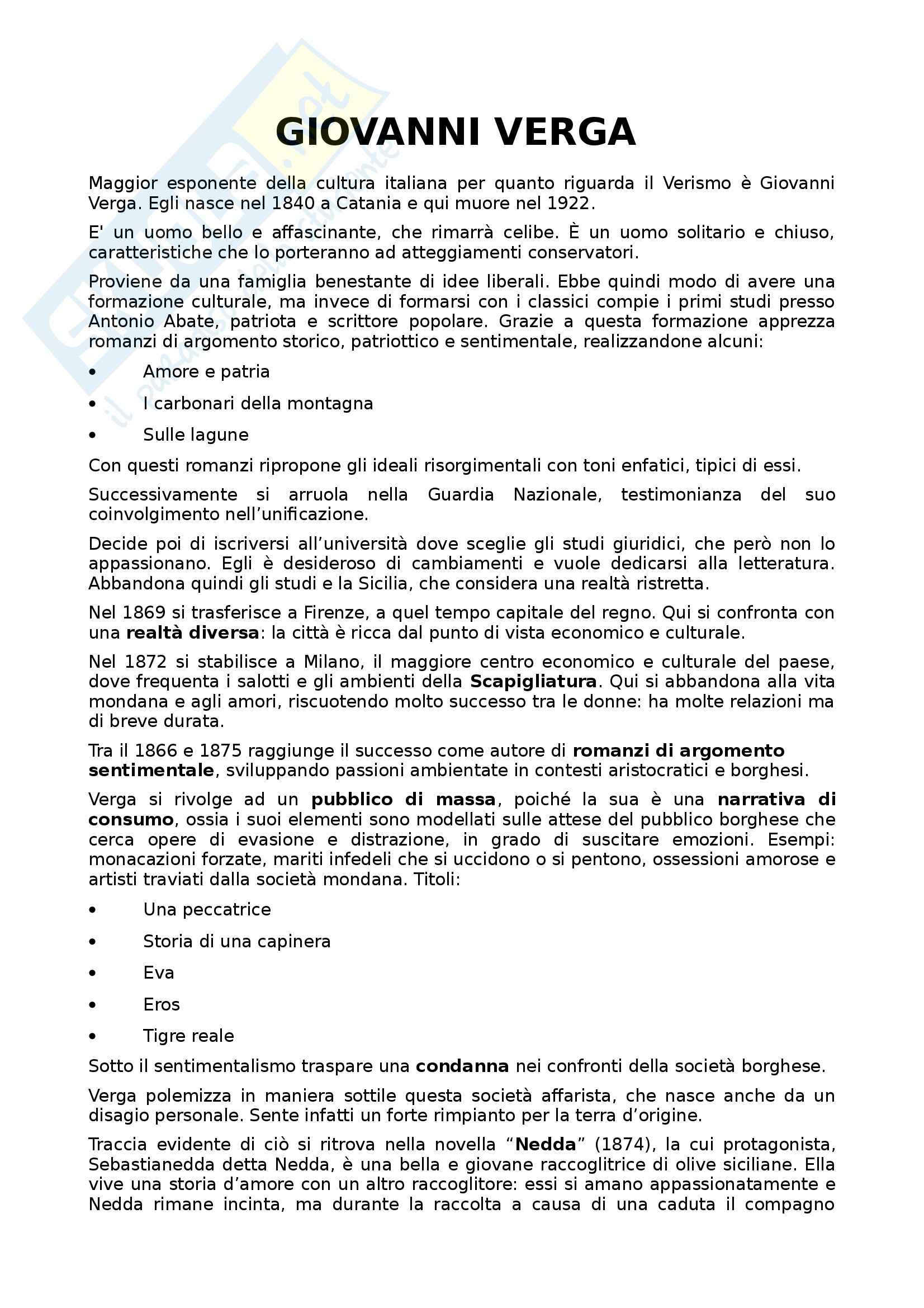 Letteratura italiana - Giovanni Verga Pag. 1