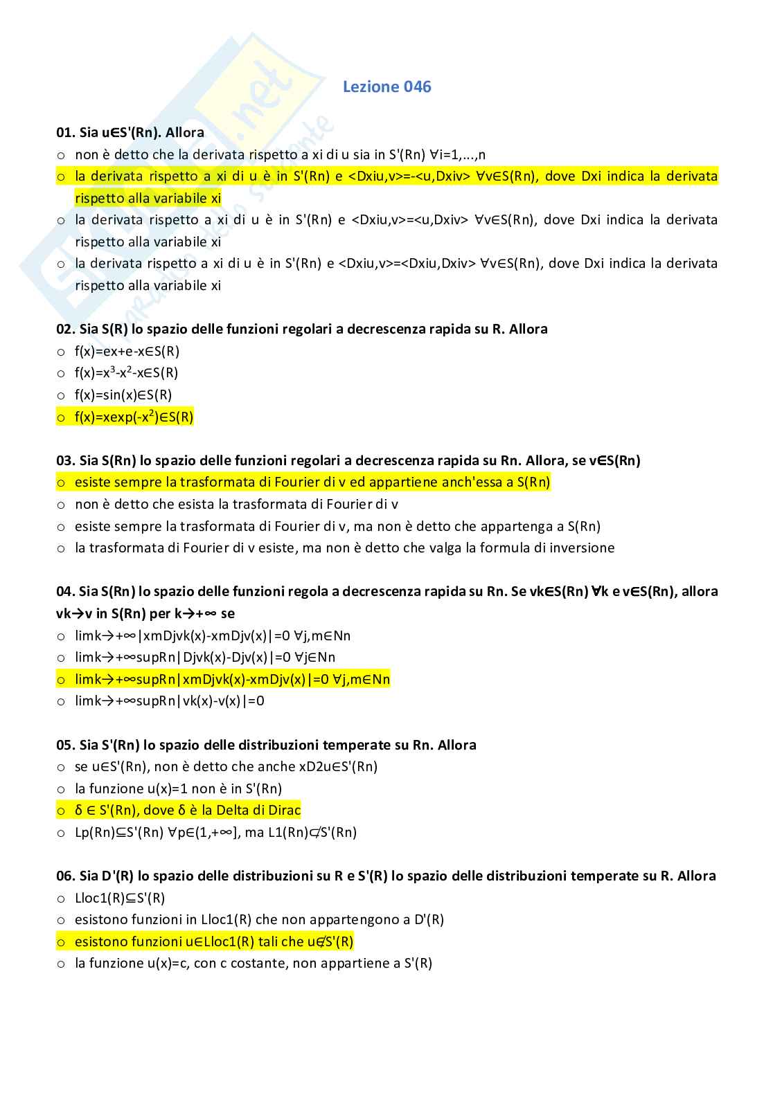Paniere con risposte chiuse di Metodi di analisi matematica A20 e A26 Pag. 26
