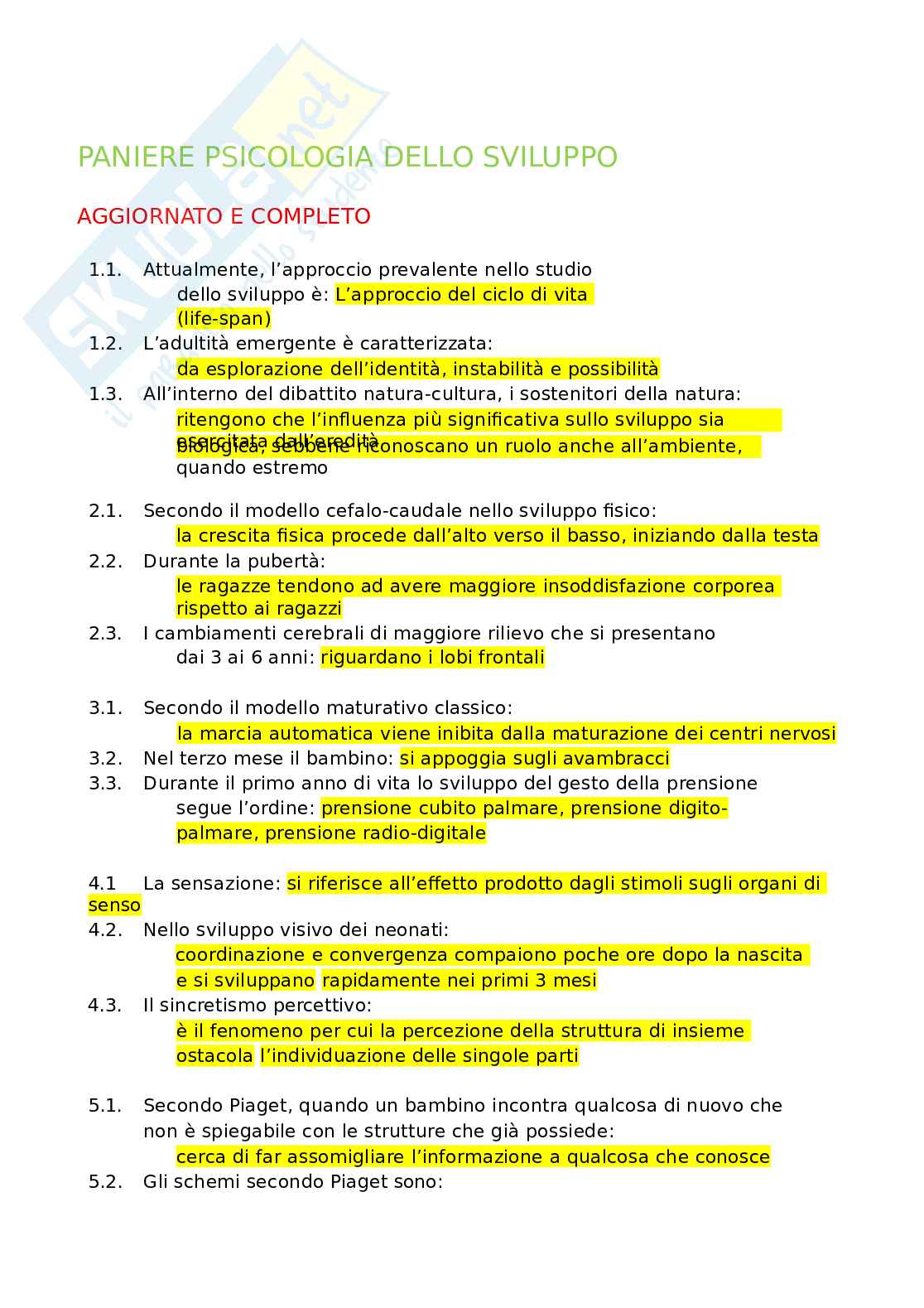 Paniere Psicologia dello sviluppo. Aggiornato e completo con extra. In ordine Pag. 1