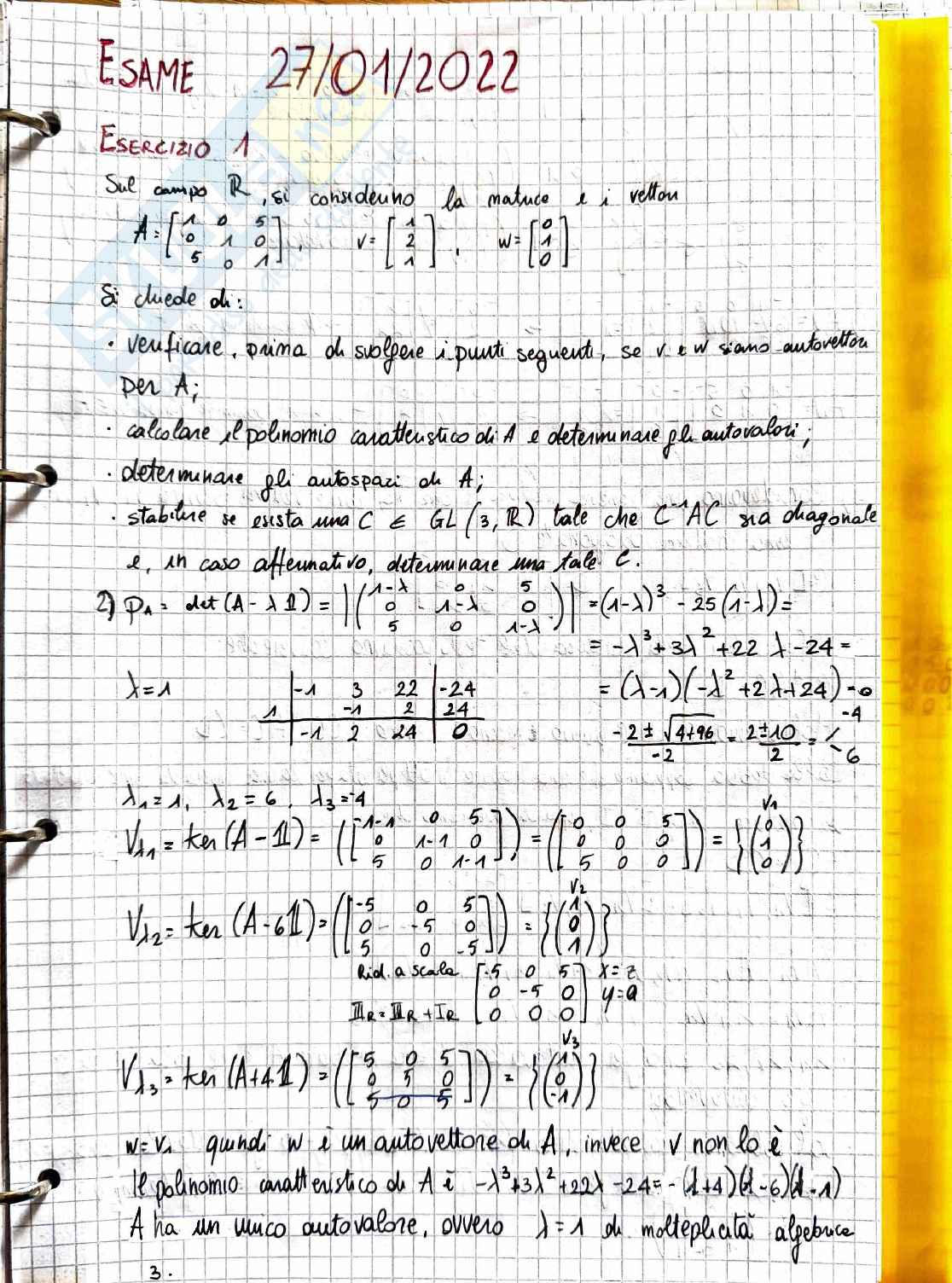  Geometria e algebra lineare: esame svolto completo del 27/01/2022 Pag. 1