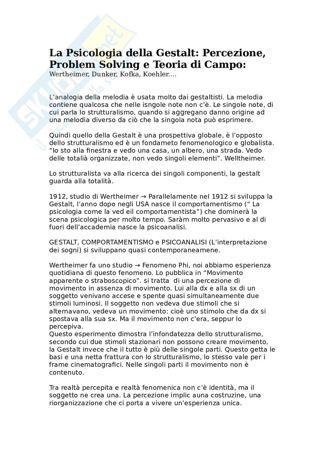 Psicologia della Gestalt: percezione, problem solving e teoria di campo Pag. 1