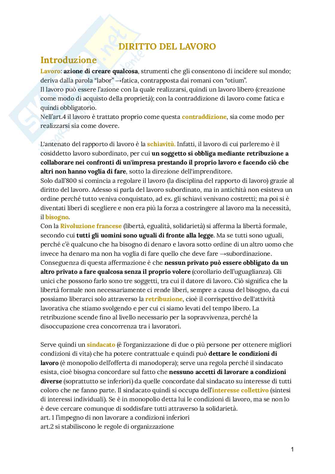 Appunti lezioni Diritto del lavoro Pag. 1