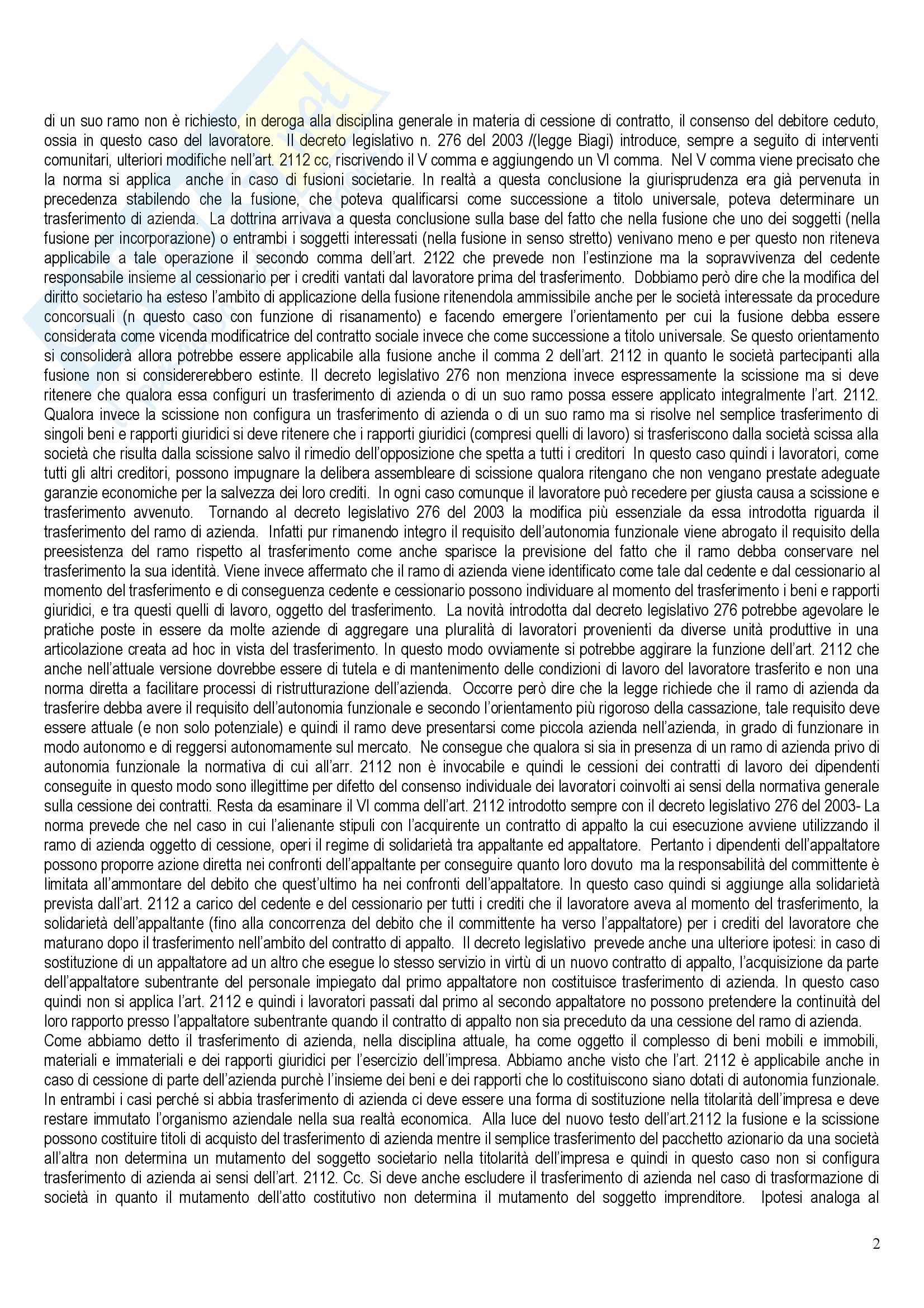 Riassunto esame Diritto del Lavoro, prof. Santoro-Passarelli, libro consigliato Trasferimento d'Azienda e Rapporto di Lavoro Pag. 2