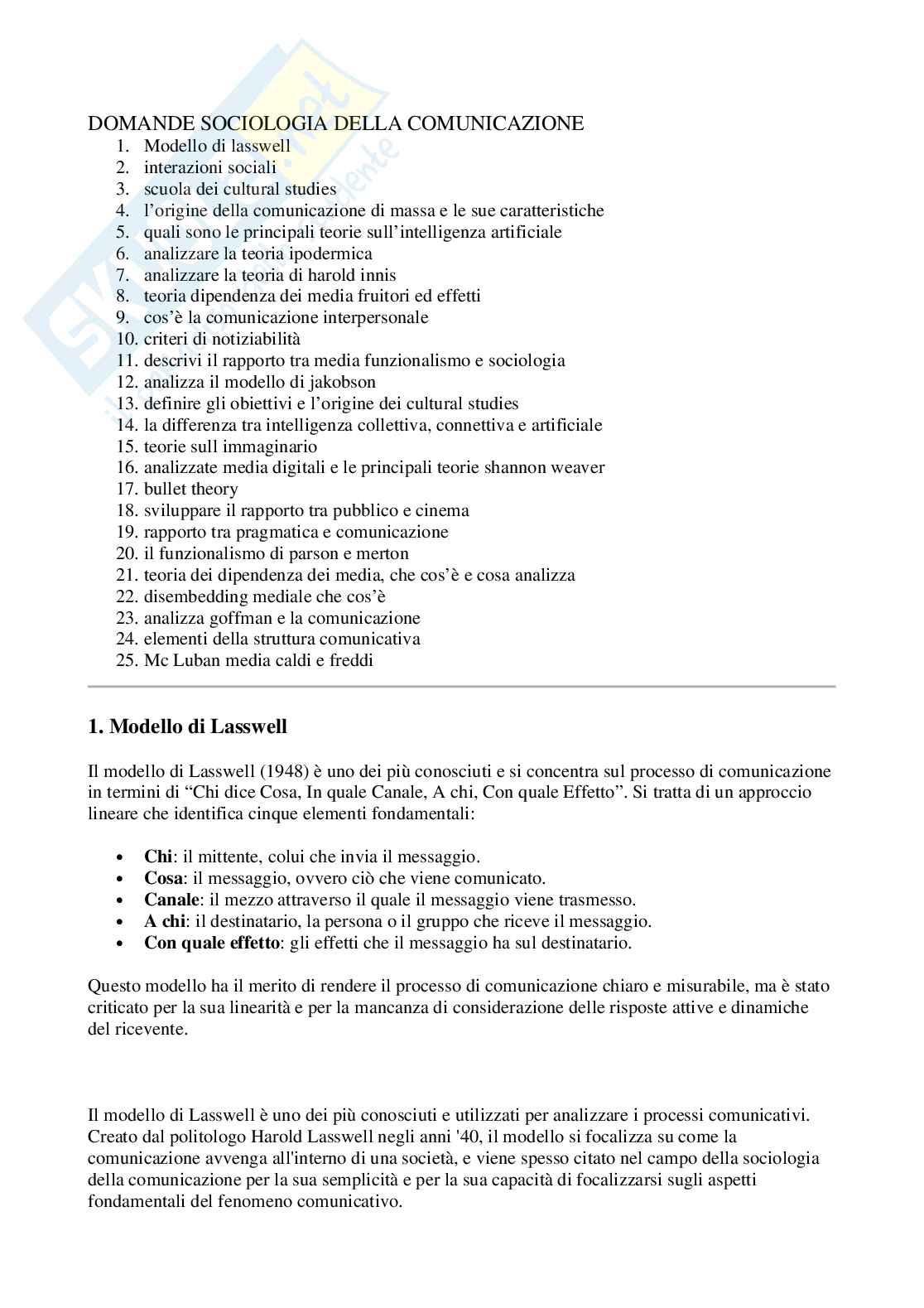 Domande e risposte esame di Sociologia della comunicazione Pag. 1