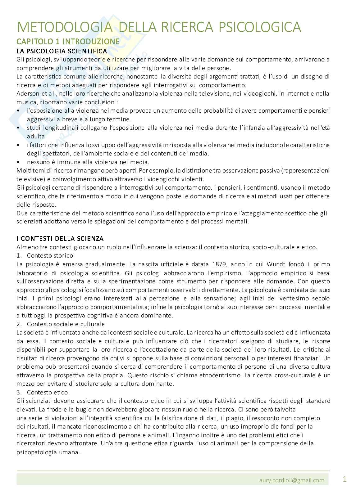 Riassunto esame Metodologia della ricerca psicologica, Prof. Grossato Elisa, libro consigliato Metodologia della ricerca in psicologia ,  Shaughnessy Pag. 1