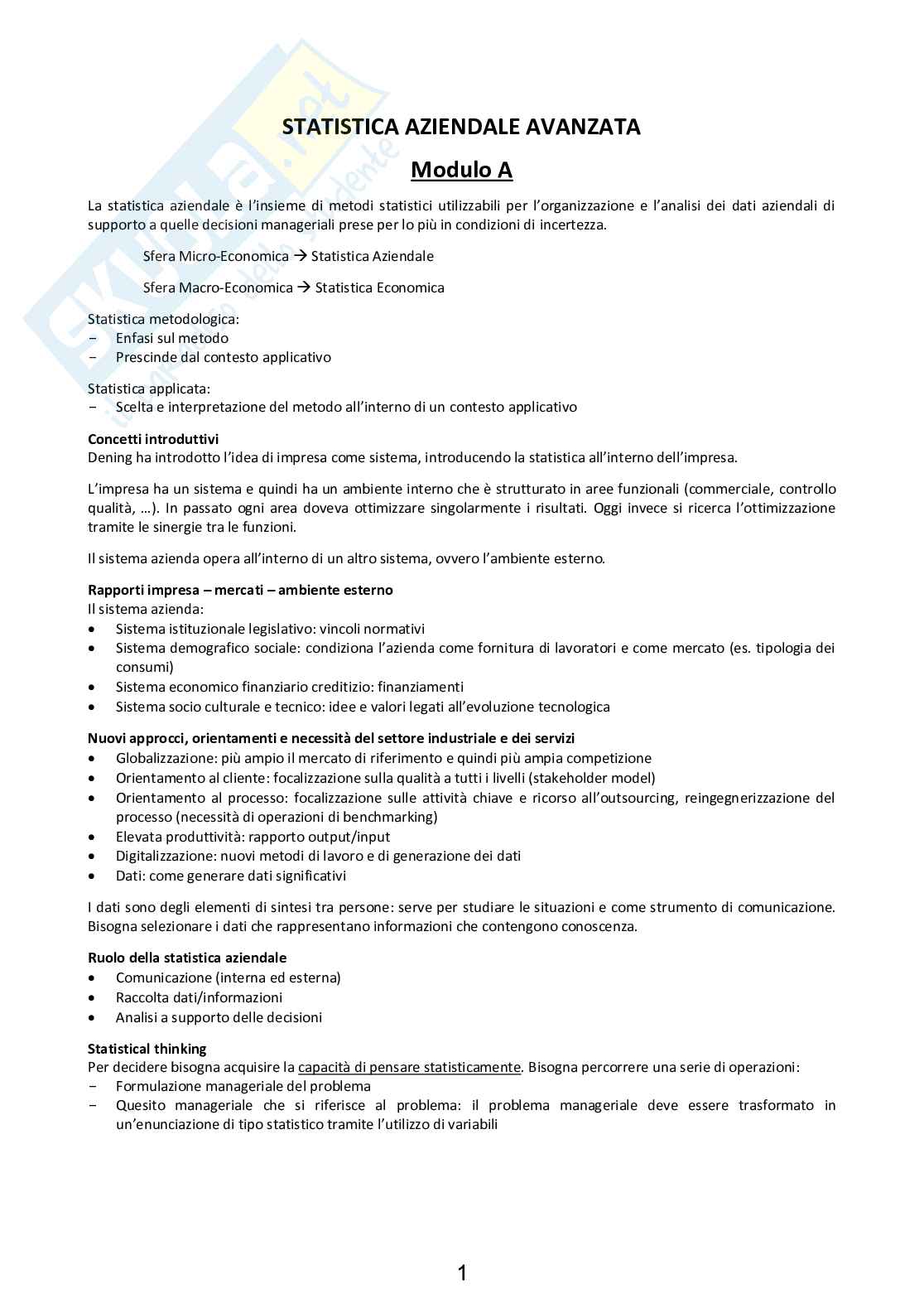 Appunti di Statistica aziendale avanzata (Mod.A +Mod.B) Pag. 1