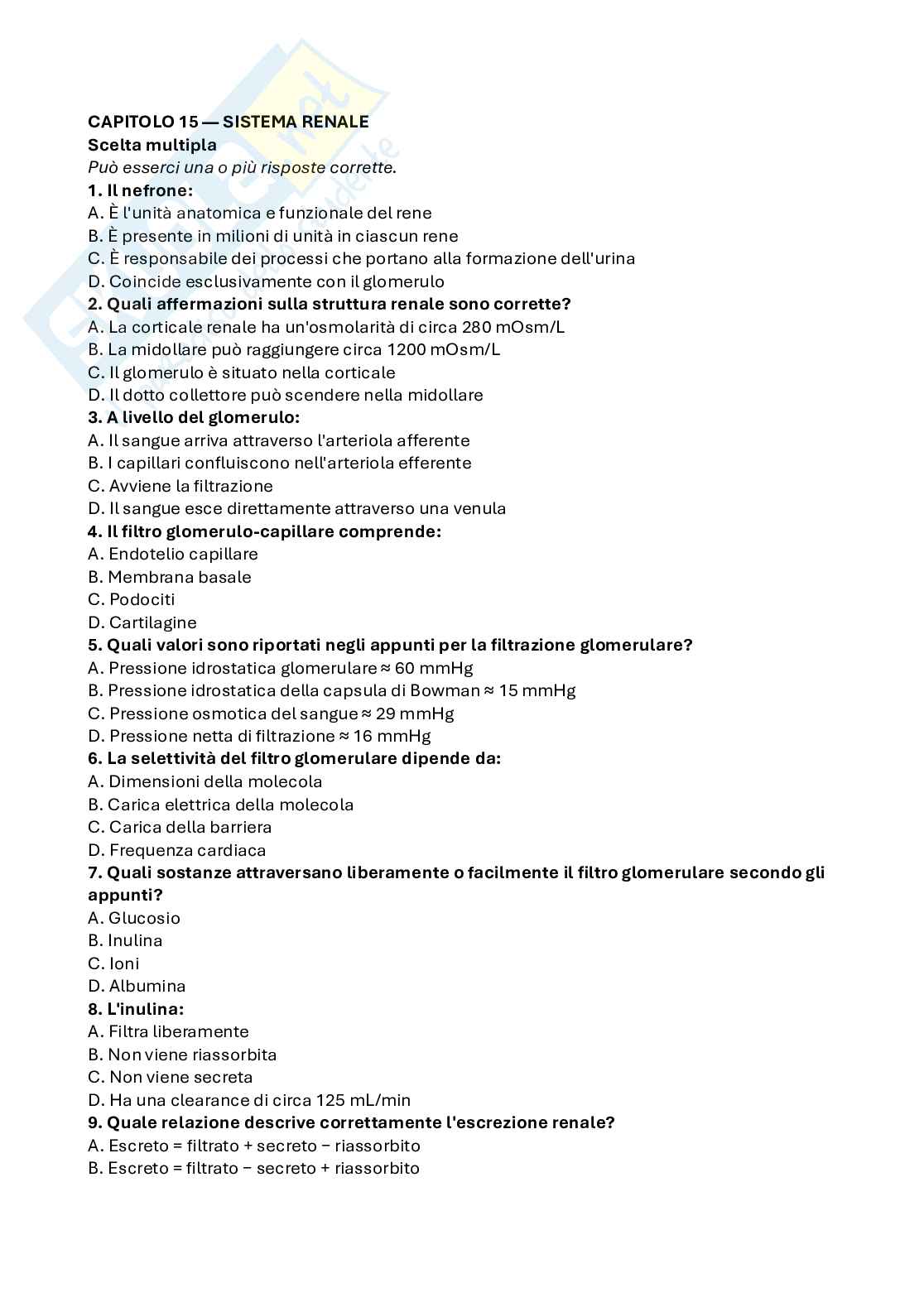 Domande a scelta multipla di Fisiologia umana Pag. 1
