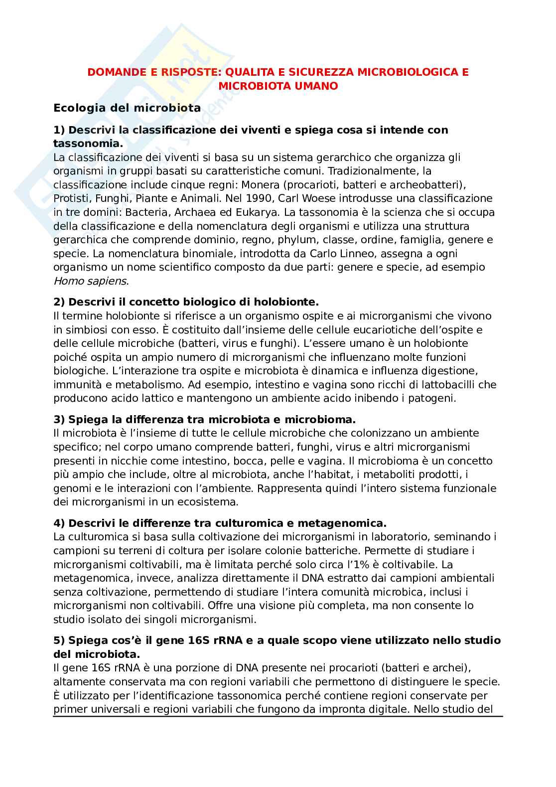 Domande e risposte Qualità e sicurezza microbiologica ed Ecologia del microbiota umano Pag. 1