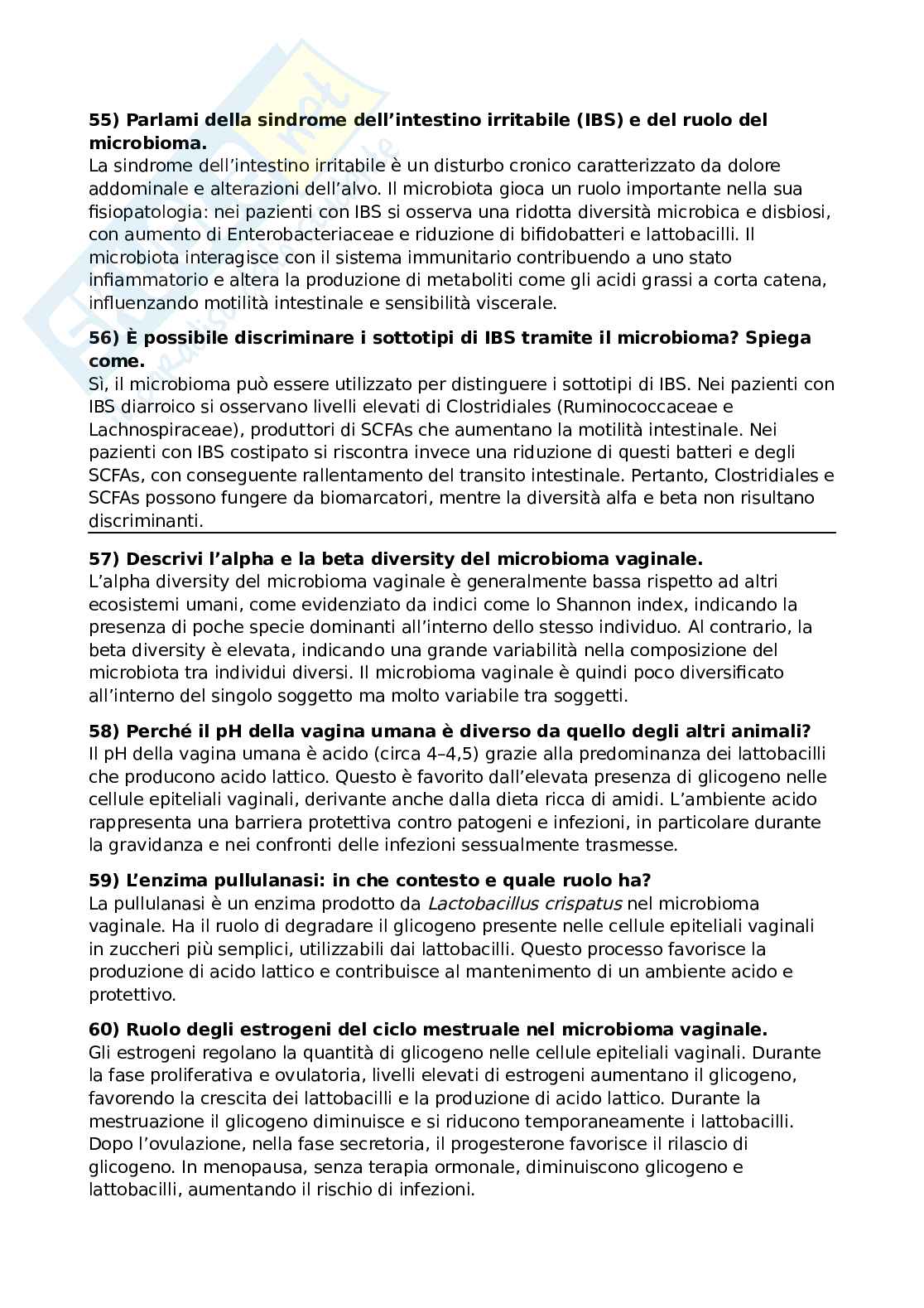 Domande e risposte Qualità e sicurezza microbiologica ed Ecologia del microbiota umano Pag. 11