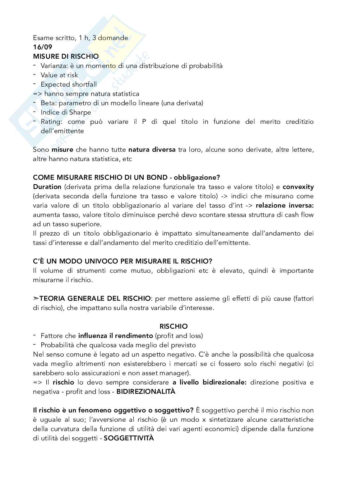 Appunti Misurazione del rischio + domande esame  Pag. 1