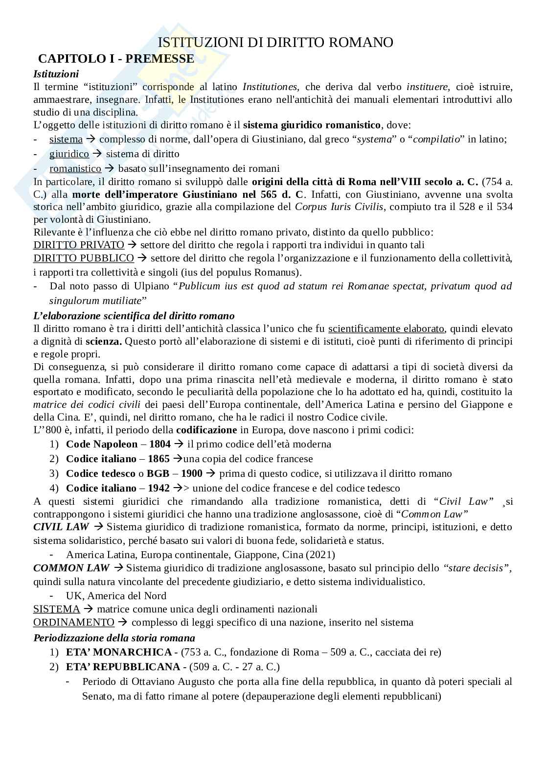 Riassunto esame Istituzioni di diritto romano, Prof. Burgio Giuseppe, libro consigliato Istituzioni di diritto romano, Matteo Marrone Pag. 1