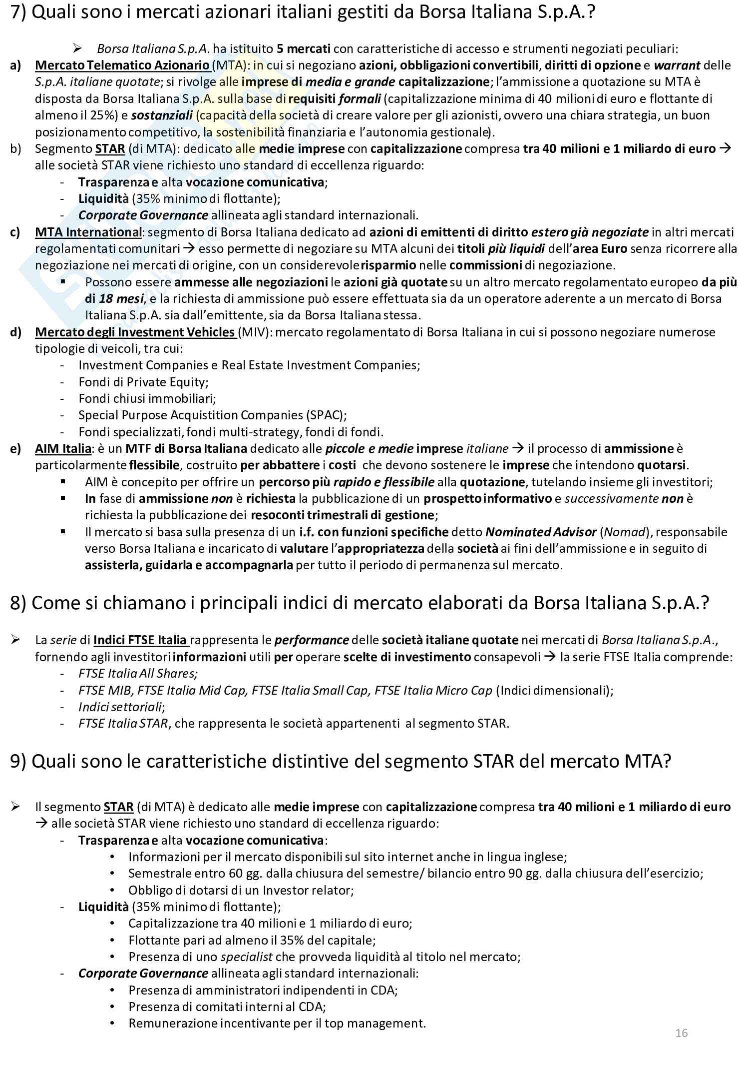 Domande basate sul testo Economia del mercato mobiliare Pag. 16