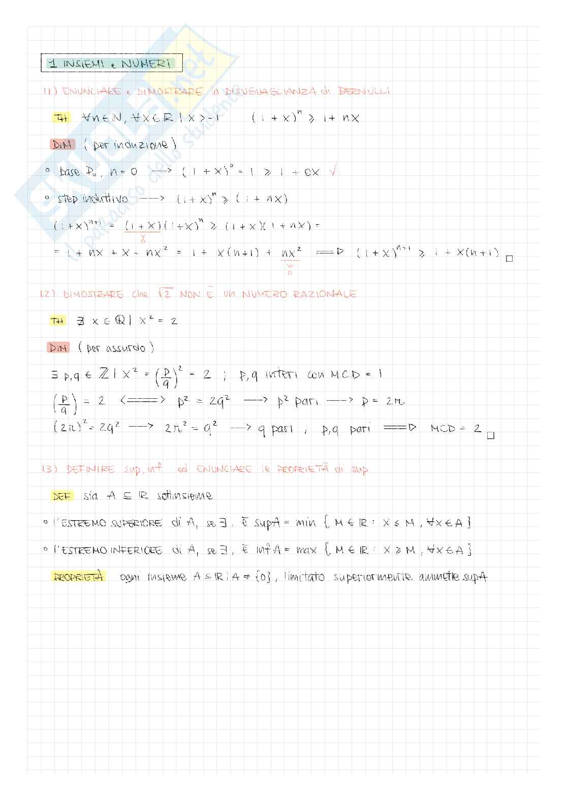 Appunti digitali scritti a mano di Analisi 1 Pag. 1