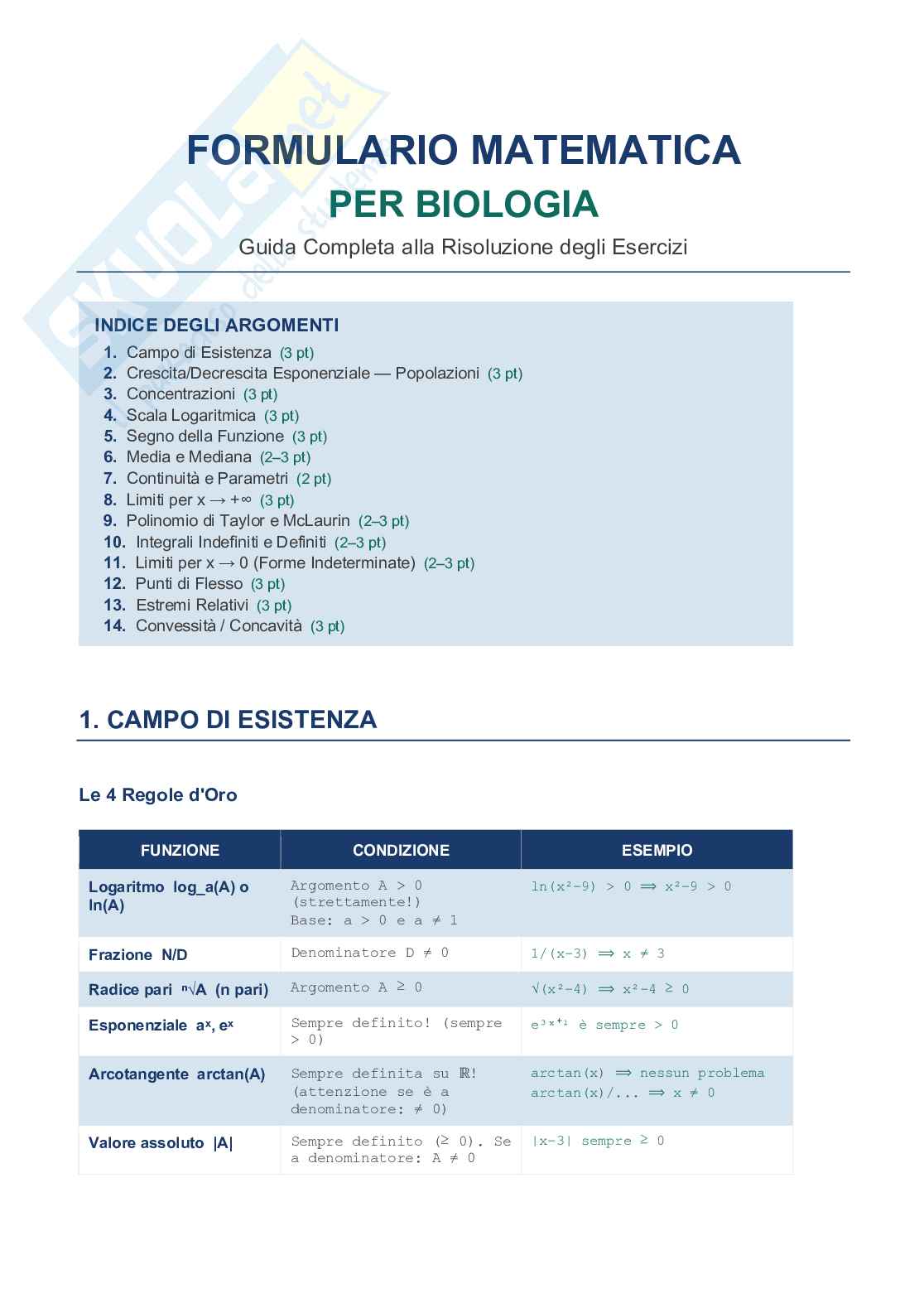Matematica per biologia: formulario salva-esame + temi d'esame 2025/2026 svolti  Pag. 1