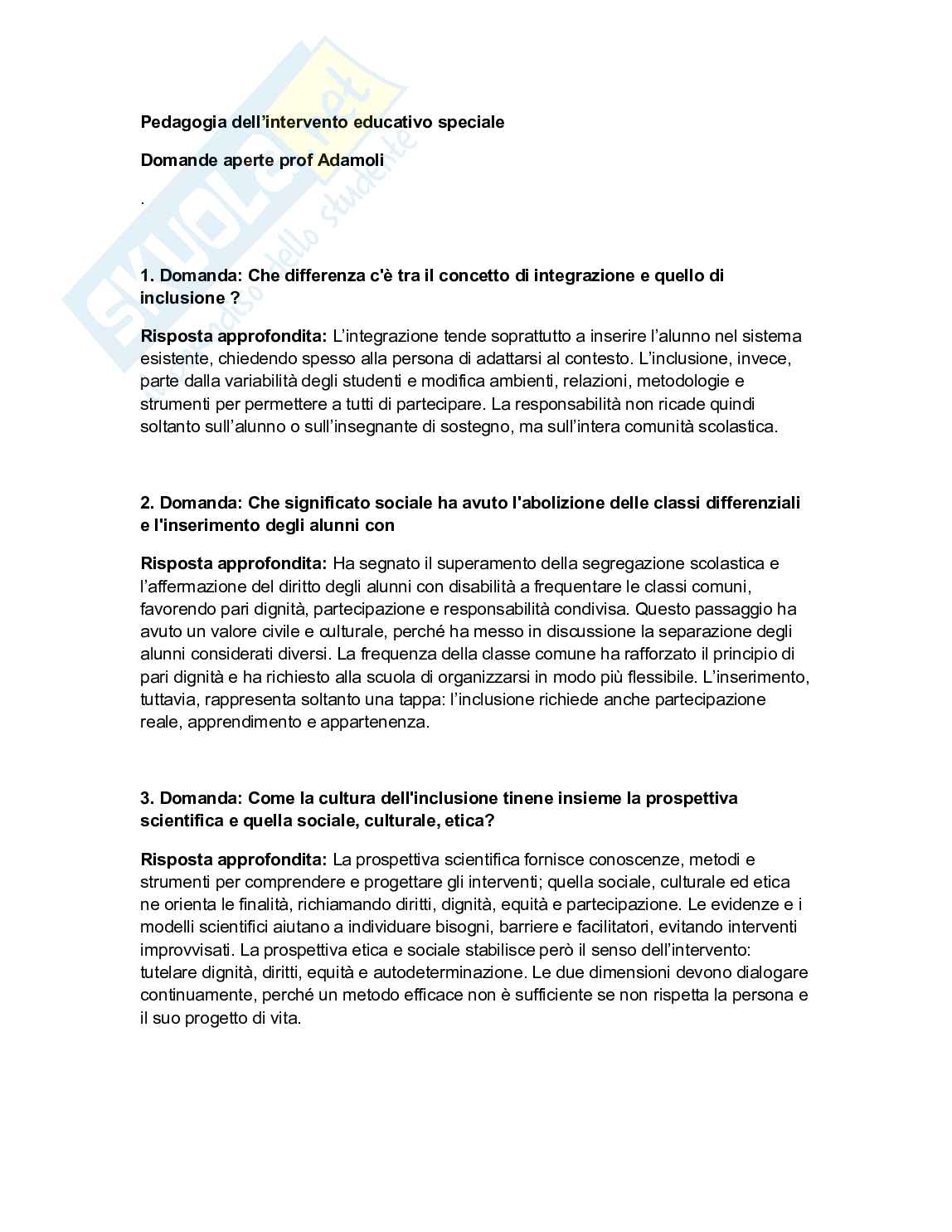 Risposte aperte Pedagogia dell'intervento educativo speciale, paniere con data 03/02/2026  Pag. 1